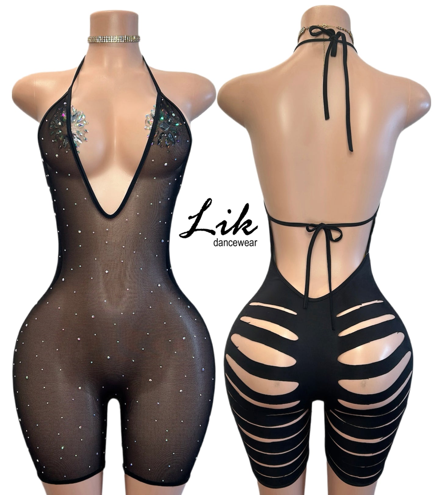 Tribeca slashed halter top rhinestone short romper