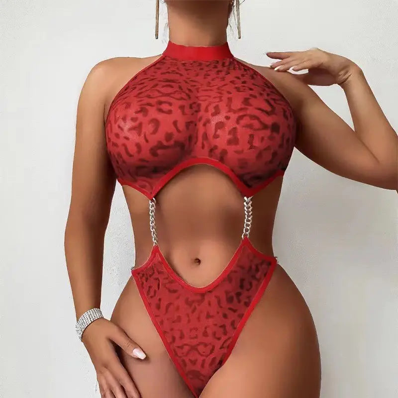 Sexy Leopard Print Halter Mesh See-Through One Piece for Dancers
