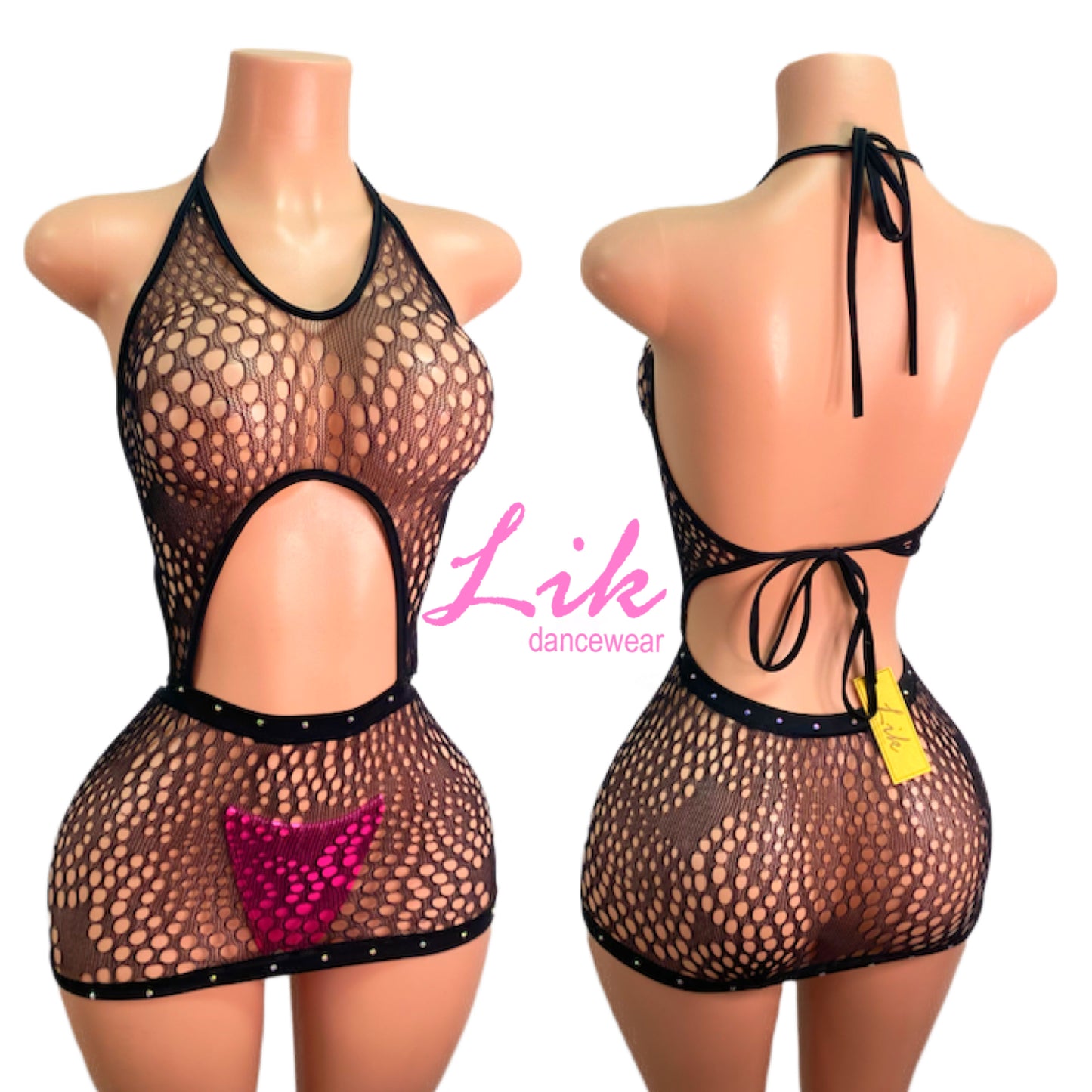 Mamí Lace mesh Halter Dress with Rhinestones