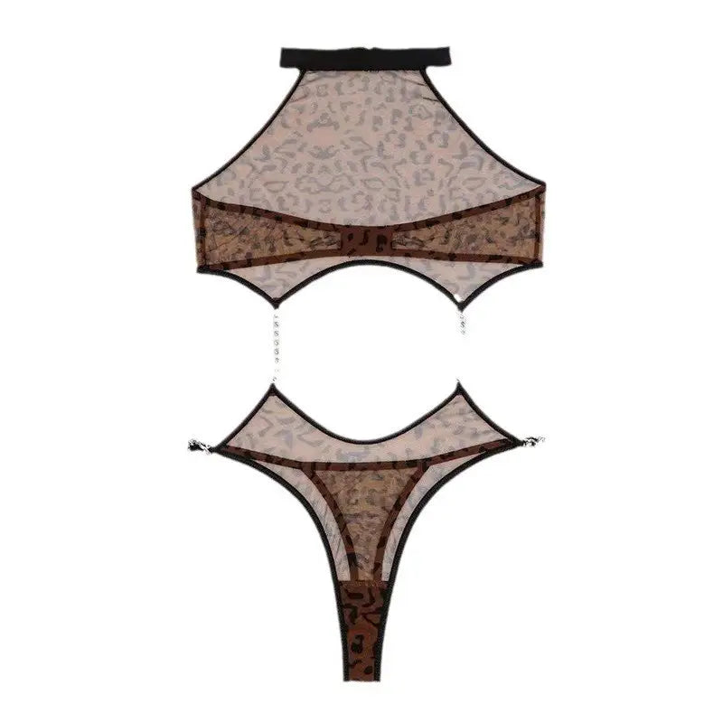 Sexy Leopard Print Halter Mesh See-Through One Piece for Dancers