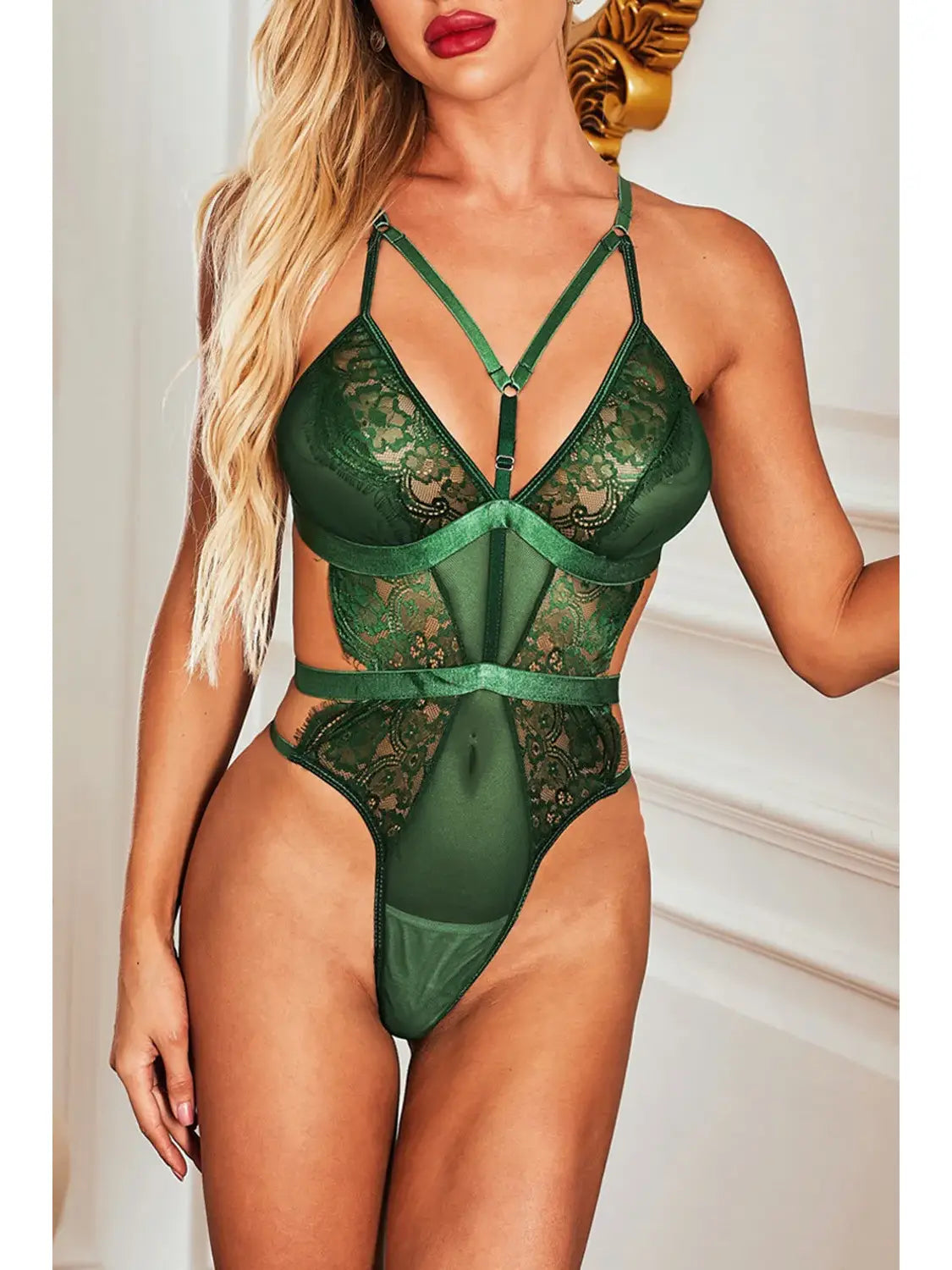 Ladies Hunter Green Lace, Satin , Mesh Teddy w/ Front Detail Lik Dancewear Ladies Hunter Green Lace, Satin , Mesh Teddy w/ Front Detail Lik Dancewear