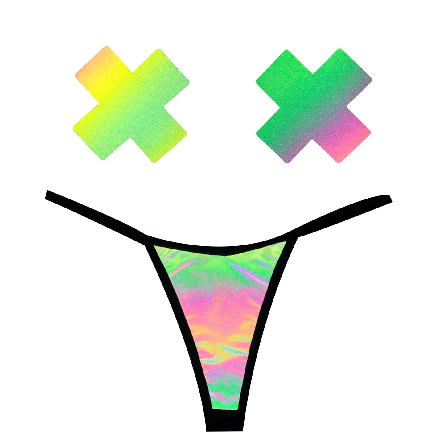 Rainbow Reflective G-String Pastie and Pantie Lingerie Set for Exotic Dancers