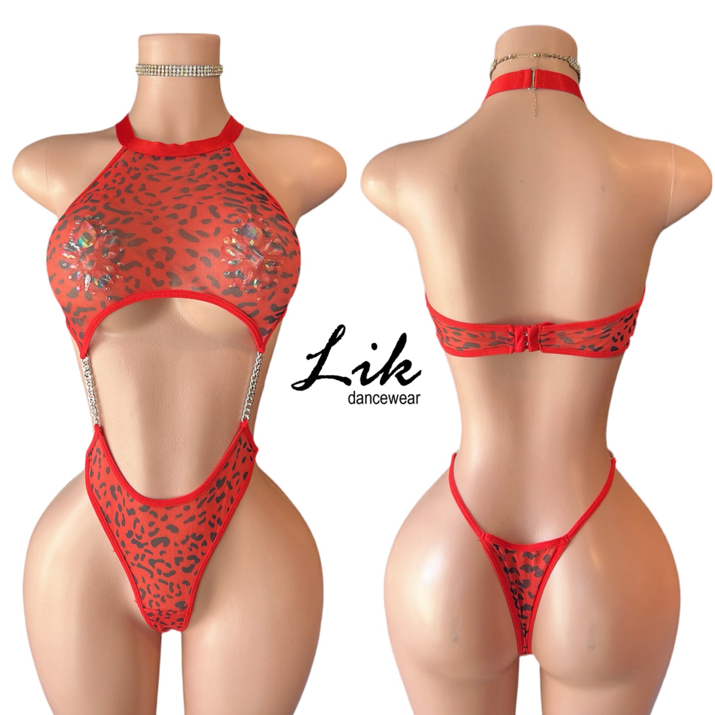 Sexy Leopard Print Halter Mesh See-Through One Piece for Dancers
