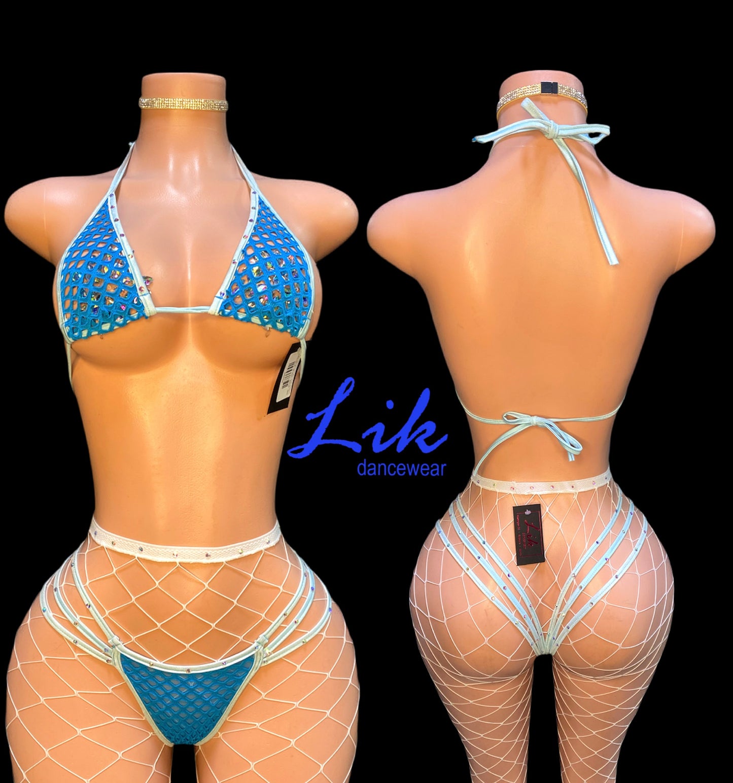 Queen 3 strap thong and bikini set with rhinestone