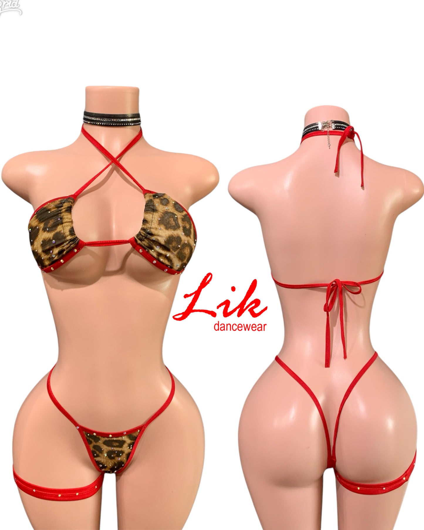 Rhinestone Leopard Print Thong Bikini Set