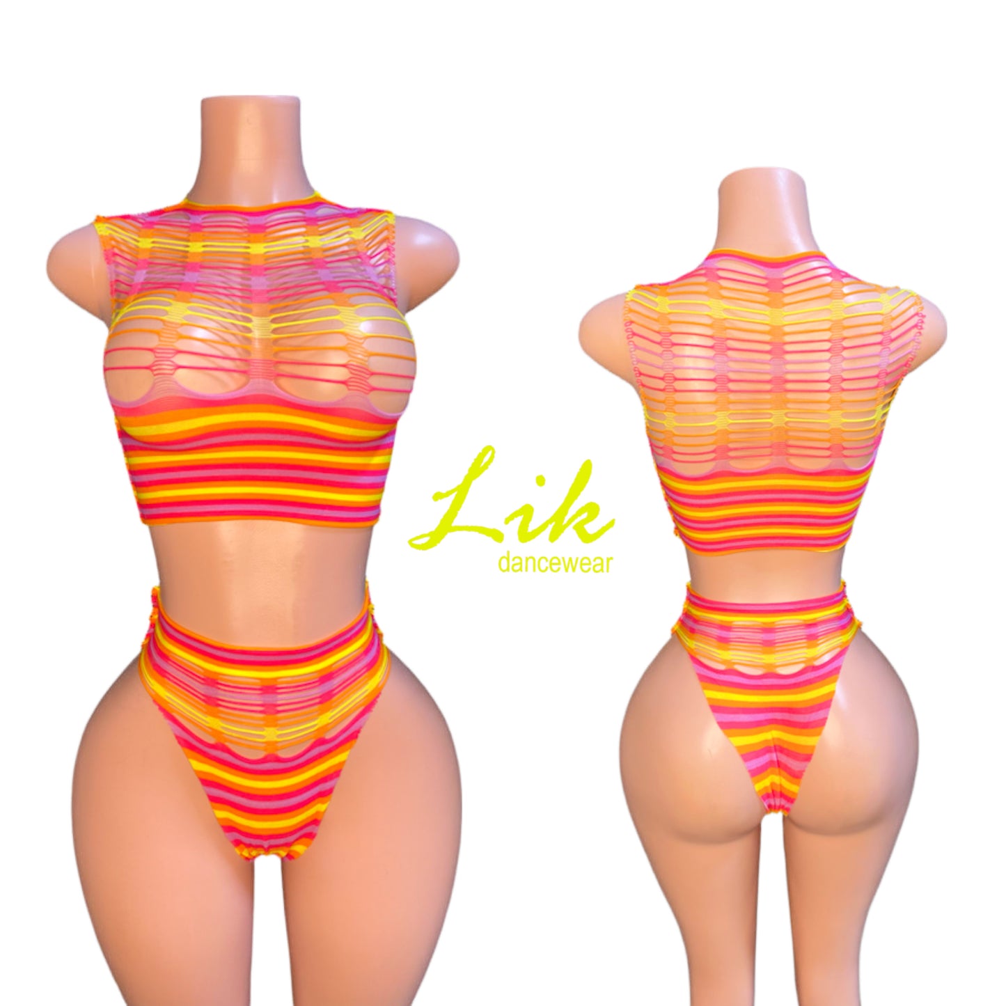 Taffy orange yellow stripped two piece stripper outfit