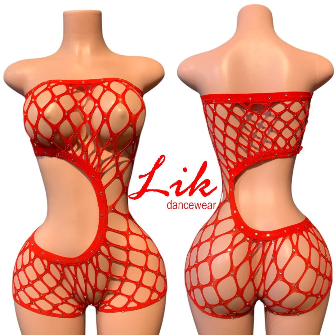 Strapless Rhinestone fishnet mesh romper curves