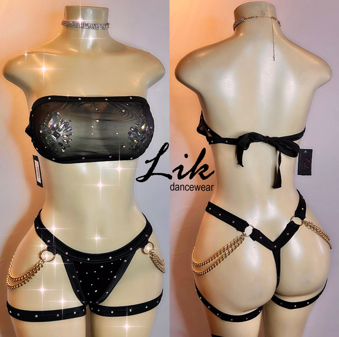 Envy strapless mesh chain accent bottom thong two piece