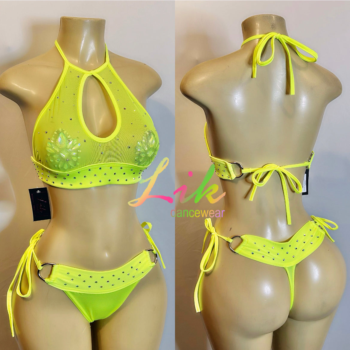 Acadia two piece exotic dancewear with rhinestones and ties