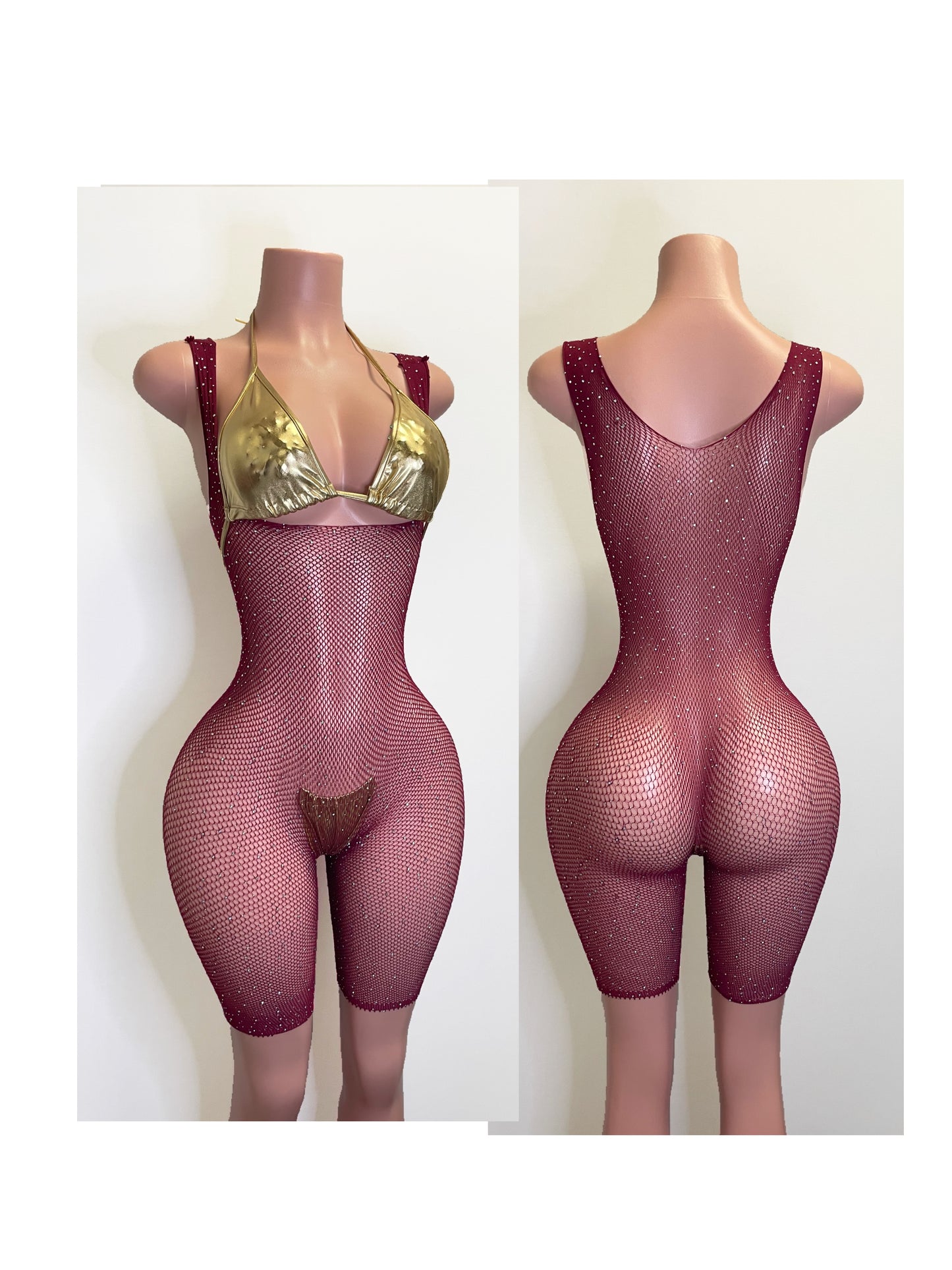 Sheena Fishnet rhinestone Romper Adult dancewear