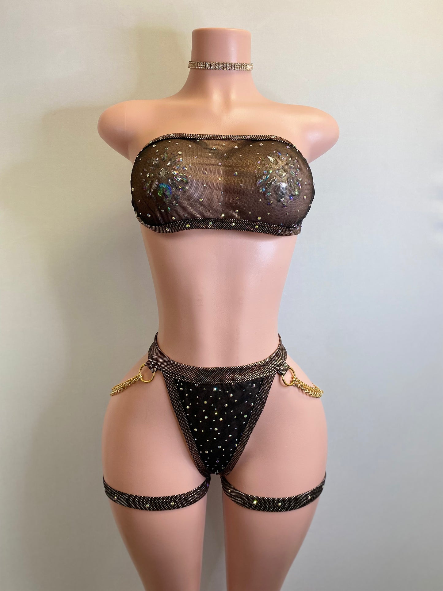 Envy strapless mesh chain accent bottom thong two piece