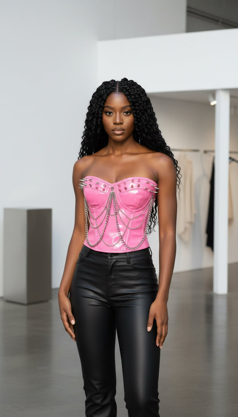 Spike and Chain Leather Corset Pink