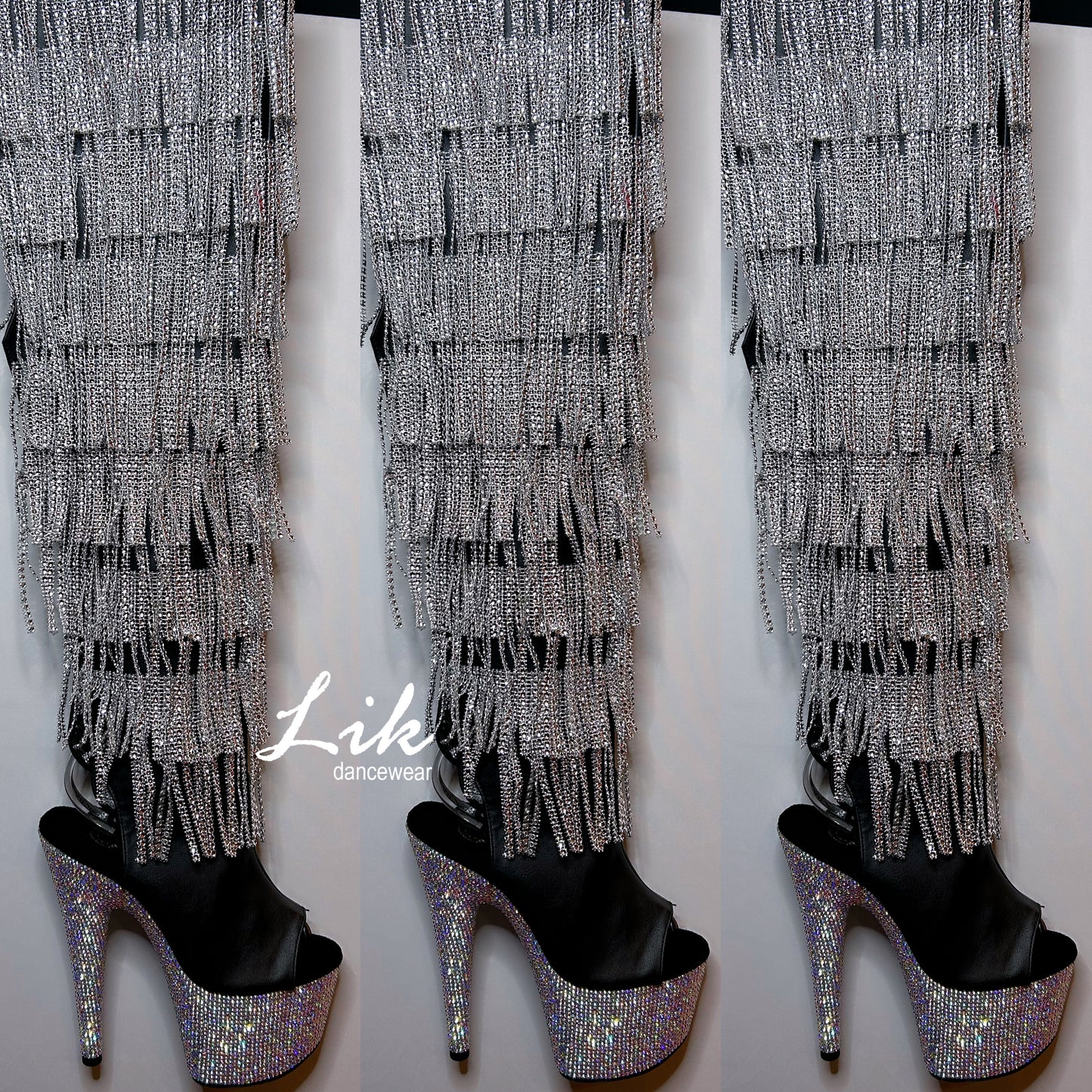 BEJ3019RSF-7/BPU/SRS Rhinestone fringe shingle thigh high boots