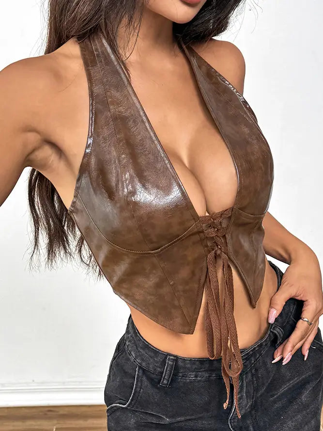 Halter Neck Pu Leather Vest