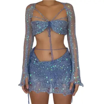 Sequins Knitted Beach Skirt Four Piece Set