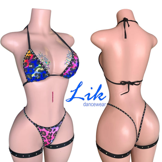Gold Cheetah Rhinestone Thong Pole Dance Thong Bikini