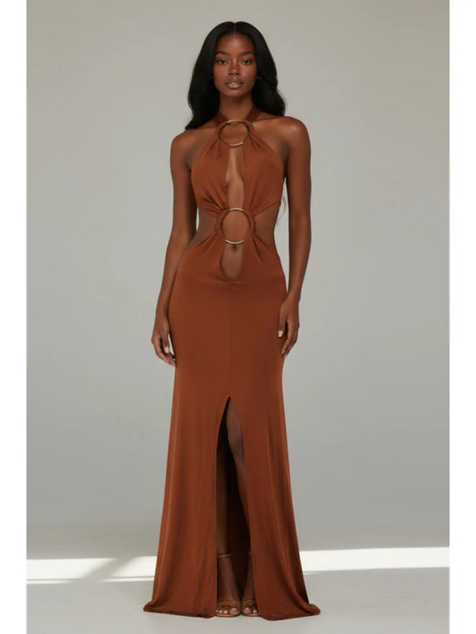 Elegant Ring Front Backless Bottle Girl Maxi Dress