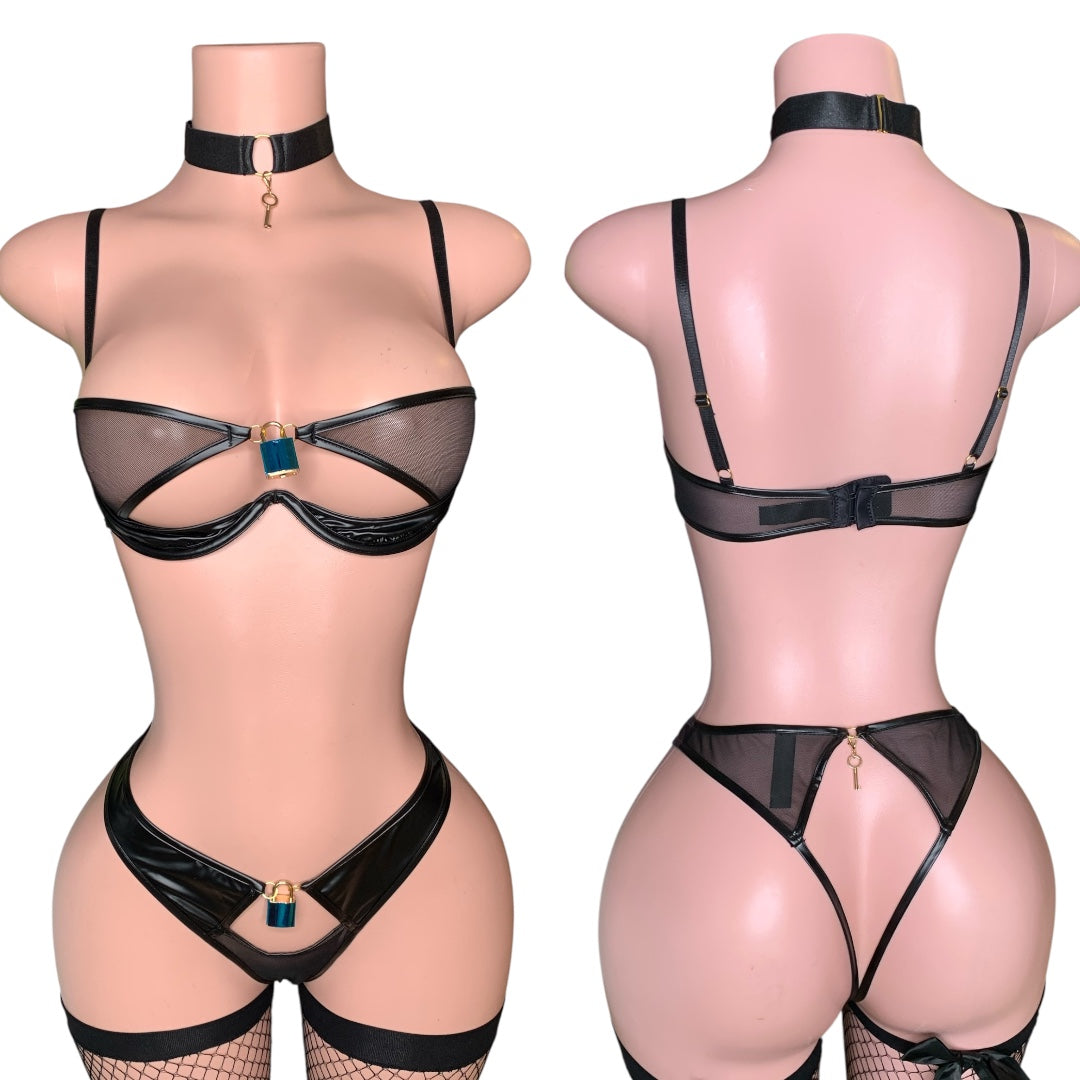 Lock and Key Cut-Out Bra, Open Panty & Choker