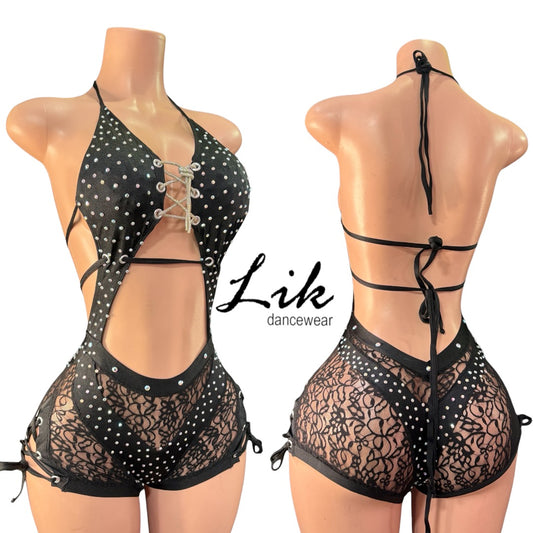 Lace | Vivianna- lace-up romper heavy rhinestone