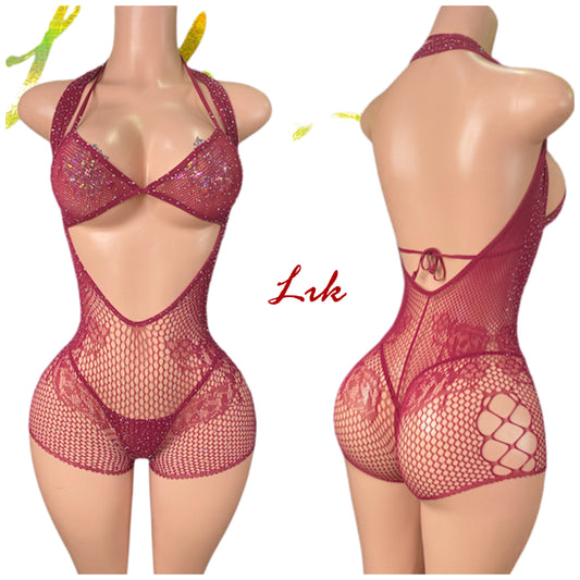 Zaza Fishnet Halter Rhinestone Romper Set