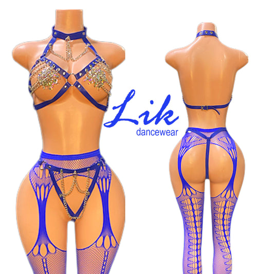 Prussian Blue leather chain exotic dancer outfit 3 piece set
