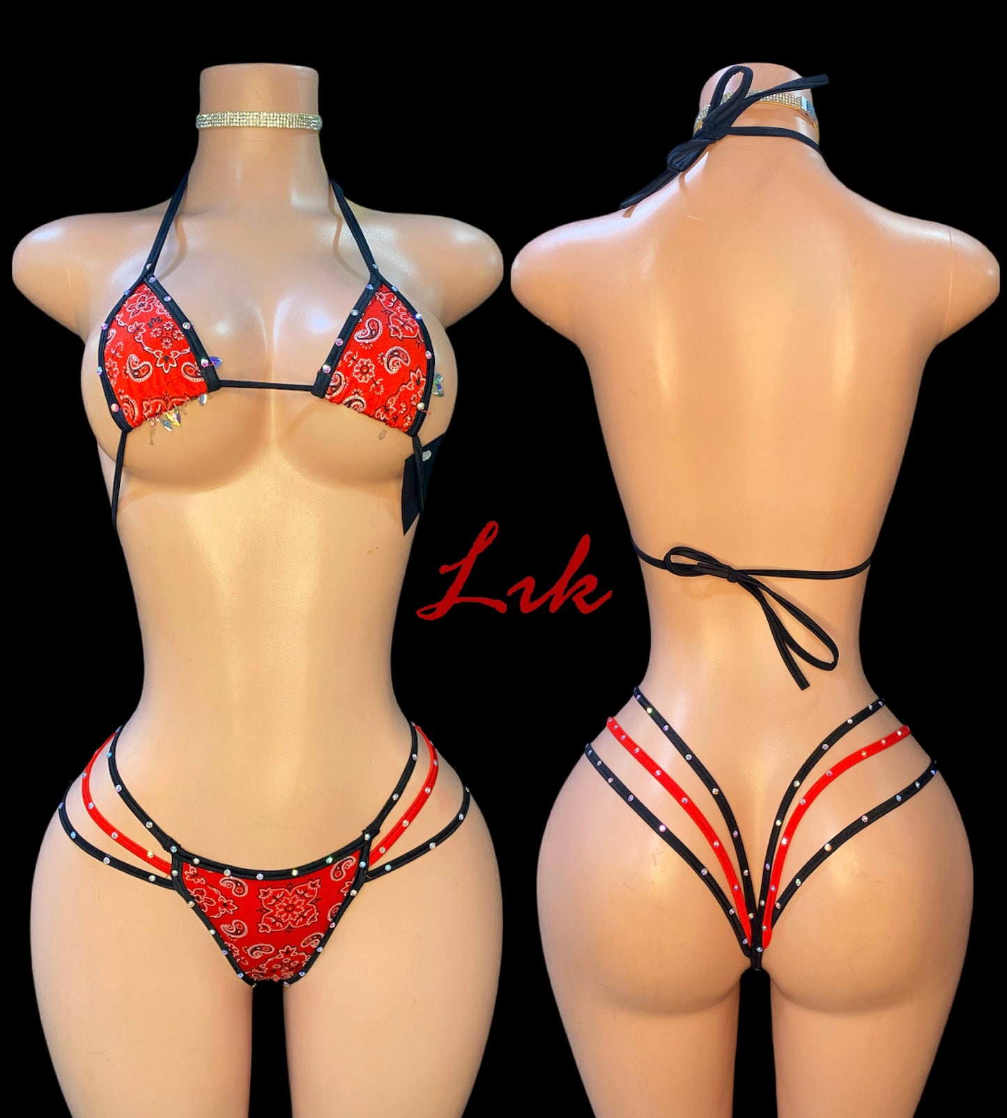 Queen 3 strap thong and bikini set with rhinestone