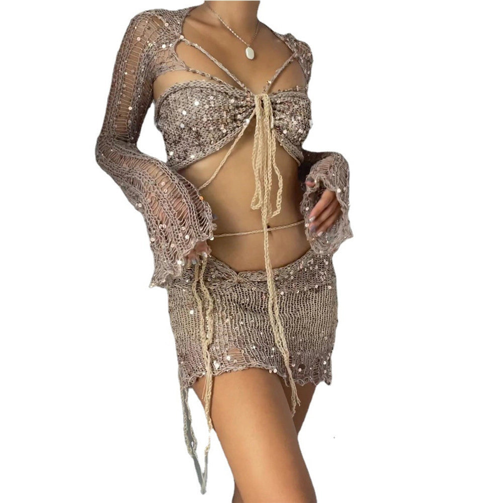 Sequins Knitted Beach Skirt Four Piece Set