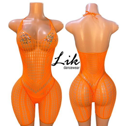 Fishnet romper- Tangerine