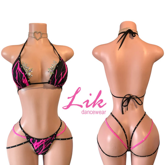 Queen 3 strap thong and bikini set with rhinestone