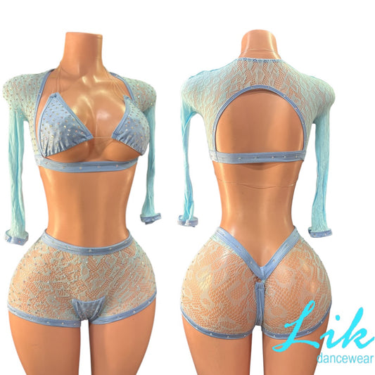 Hot Girl Lace 3pc Shrug Short Set w/ Rhinestones