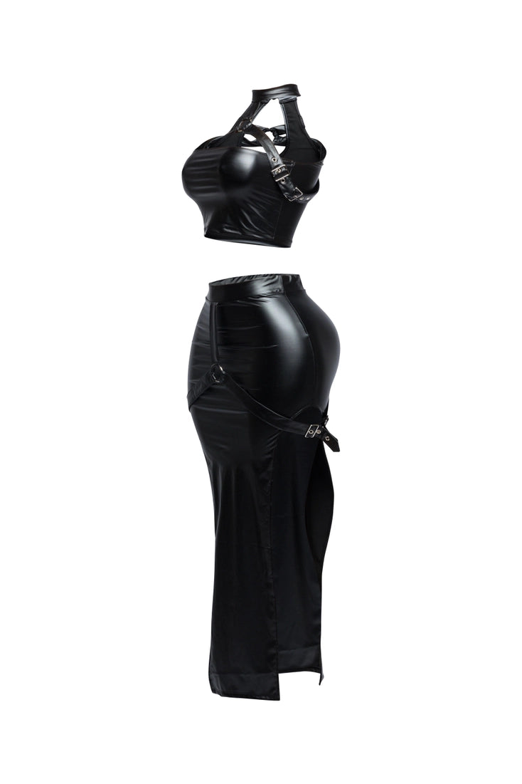 Belted Choker Halter Top & Maxi Skirt Set
