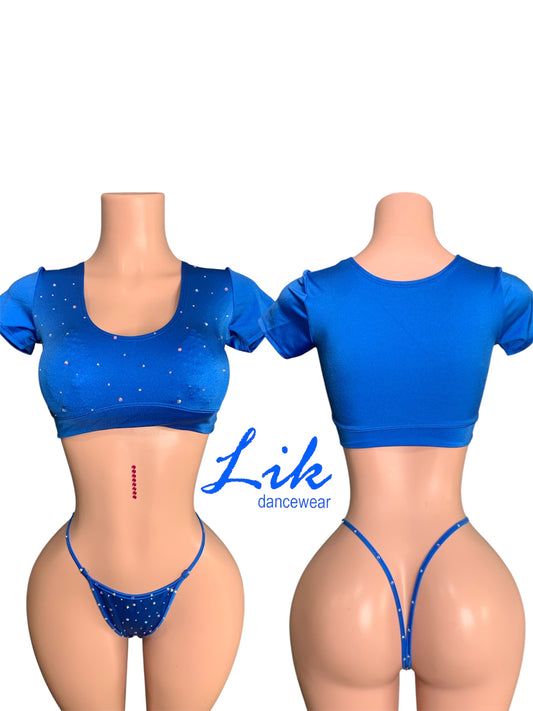 Rhinestone Crop Top w/ Sleeve Thong set