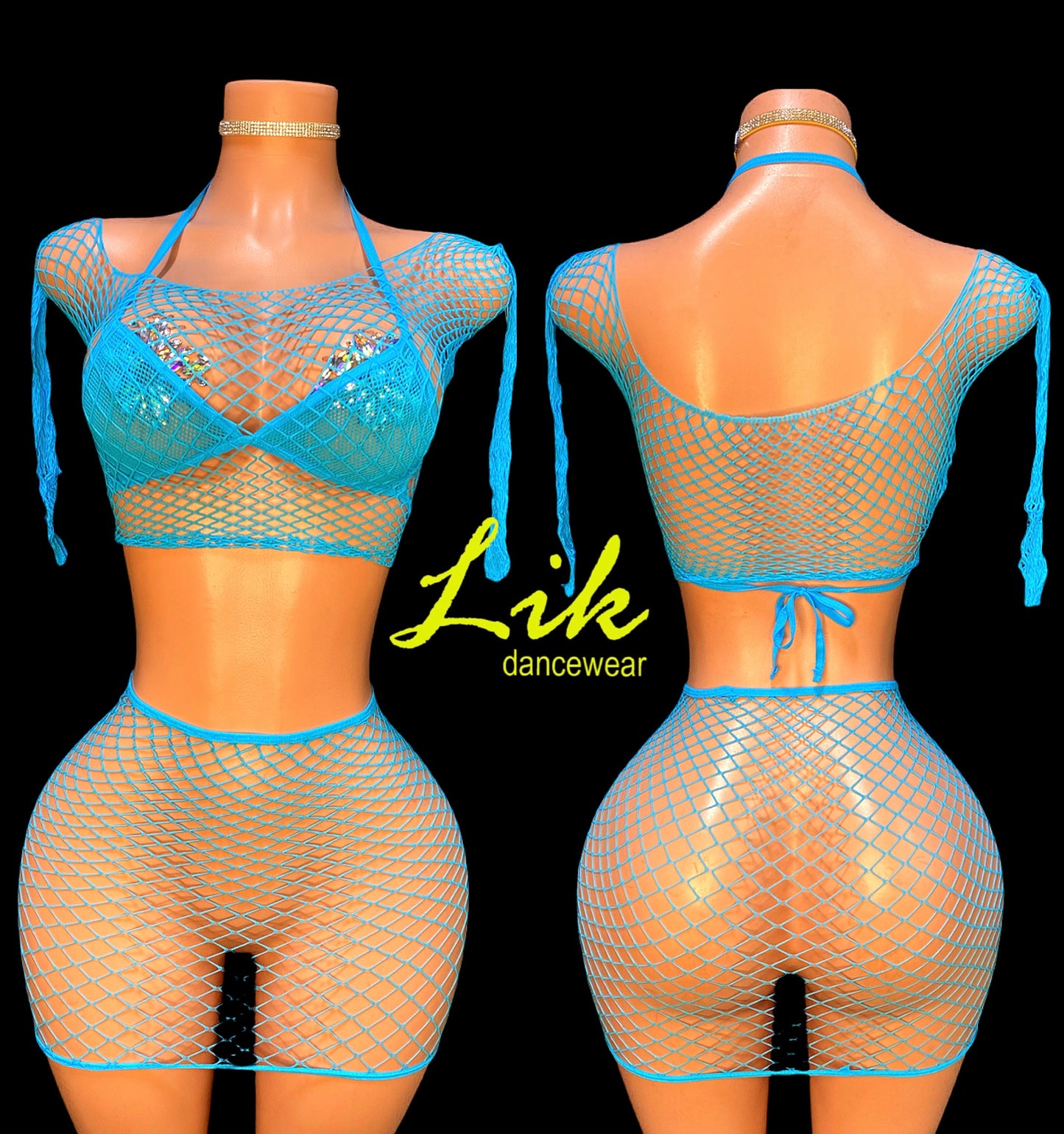 fishnet skirt set Stripper outfit Blue flame