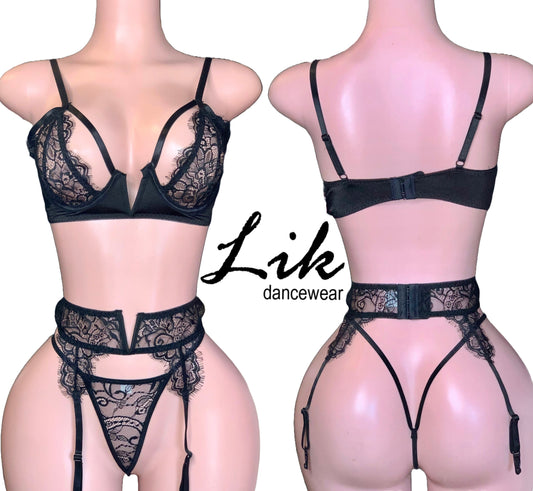 Lace Lingerie Midnight 3pc Garter Set