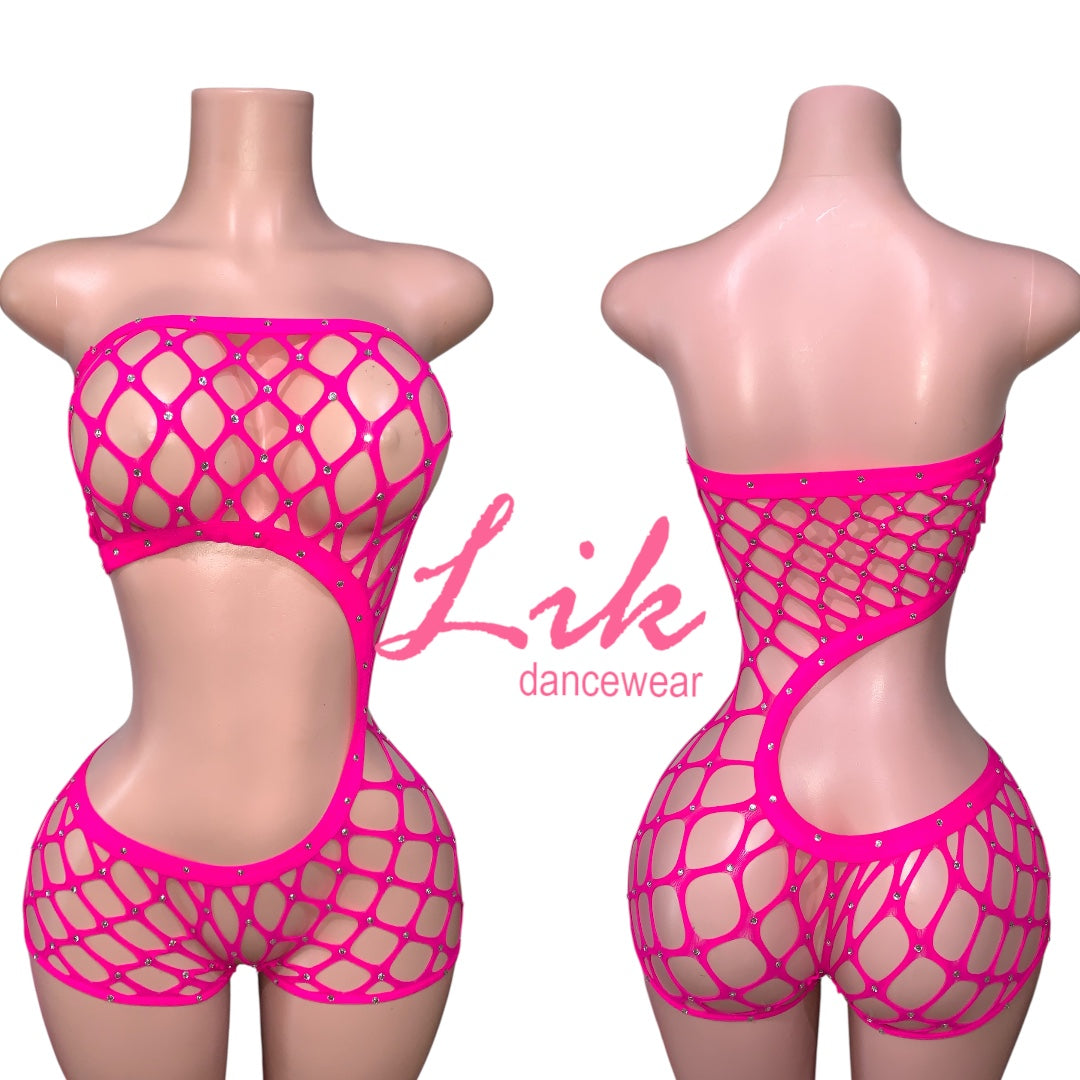 Strapless Rhinestone fishnet mesh romper  curves
