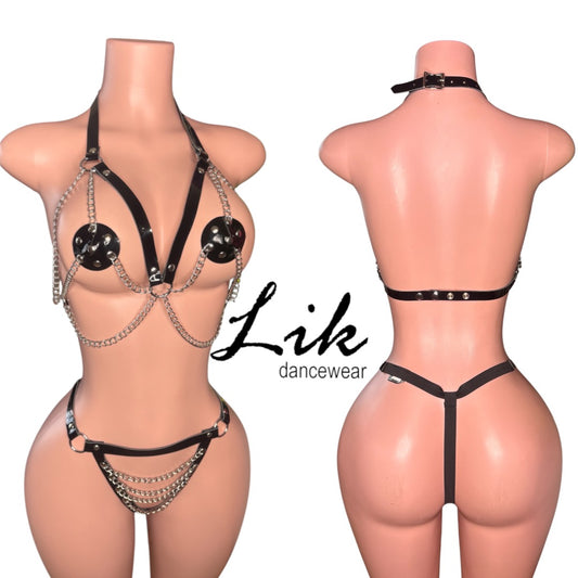 Nip Slip Vinyl Chain Bra with Studded Pasties and G String Exotic Dance Set