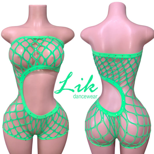 Strapless Rhinestone fishnet mesh romper  curves