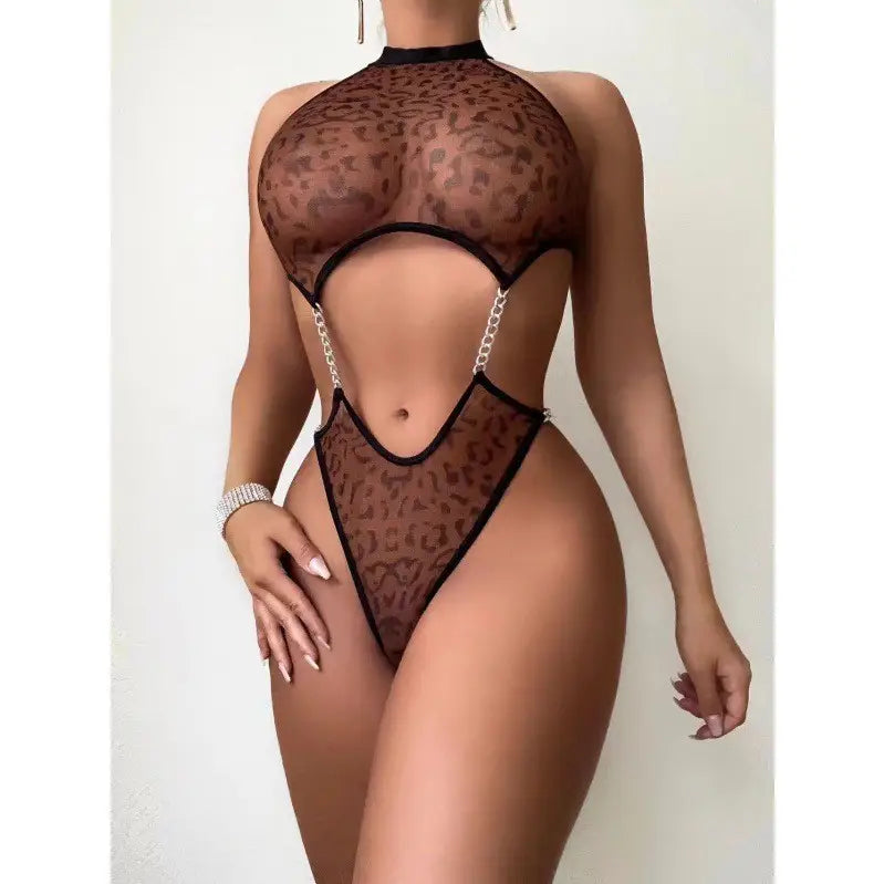 Sexy Leopard Print Halter Mesh See-Through One Piece for Dancers
