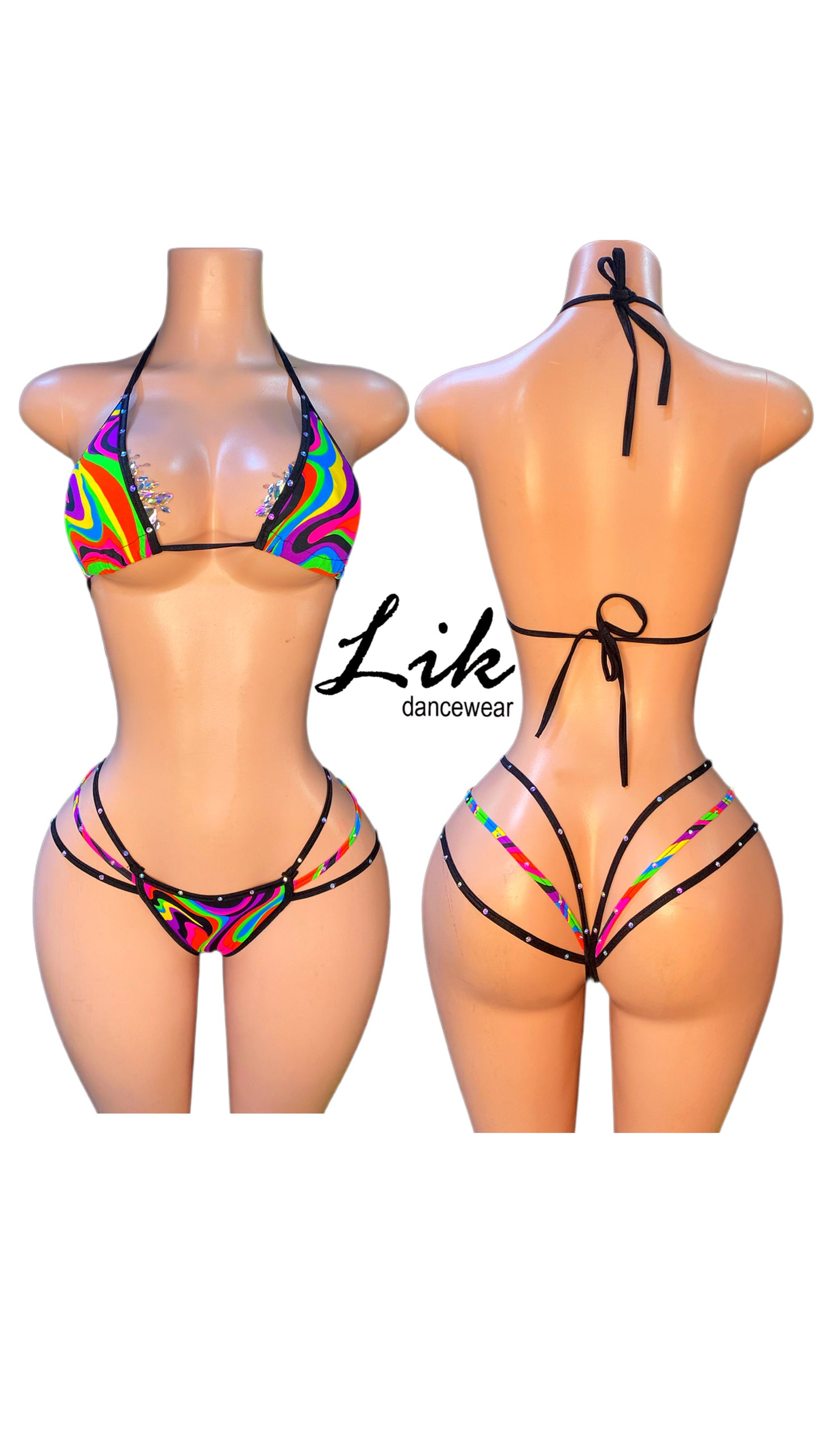 Queen 3 strap thong and bikini set with rhinestone