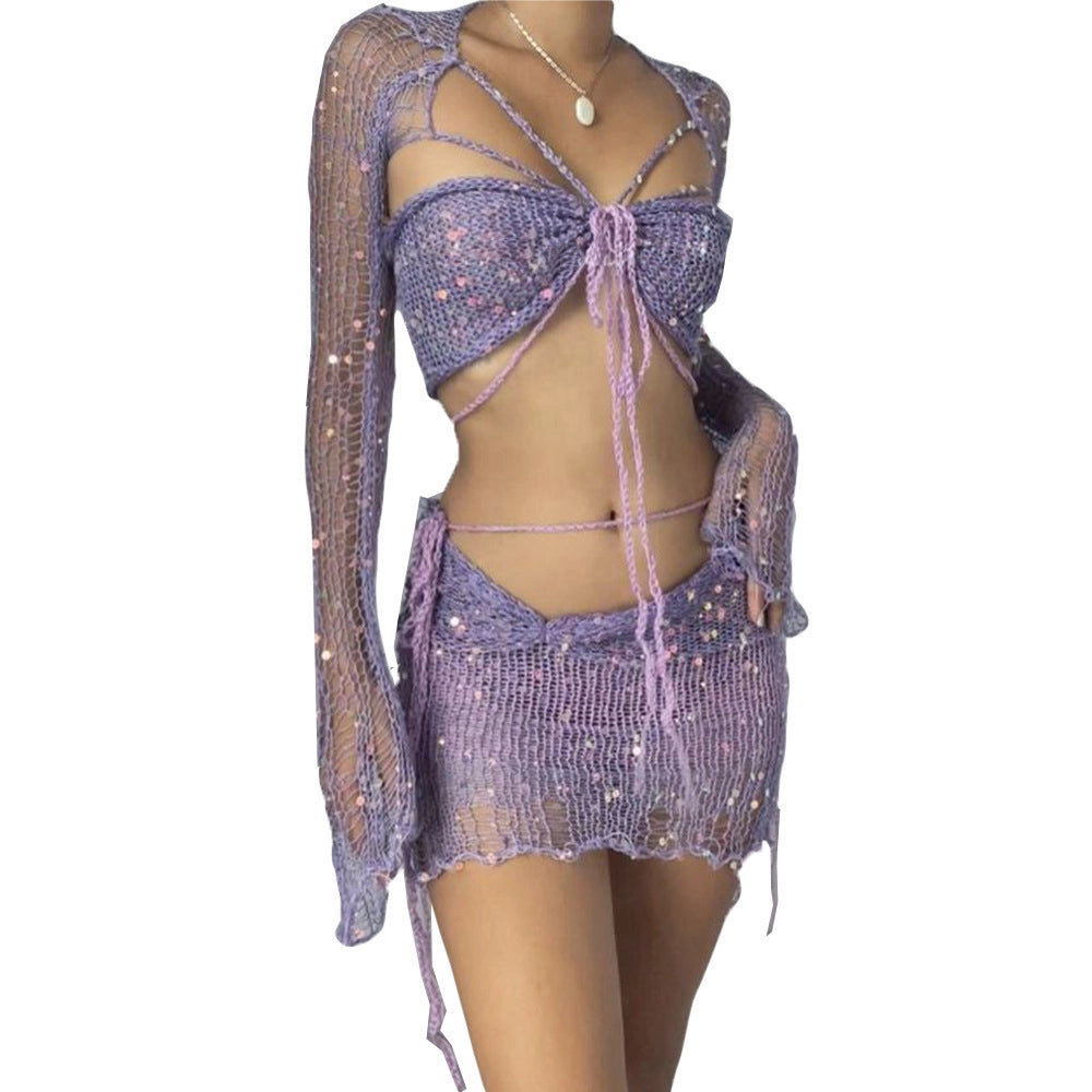 Sequins Knitted Beach Skirt Four Piece Set