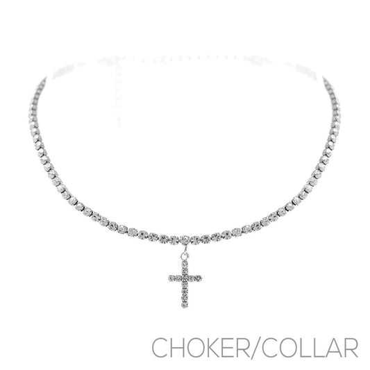 Rhinestone Cross Choker Necklace