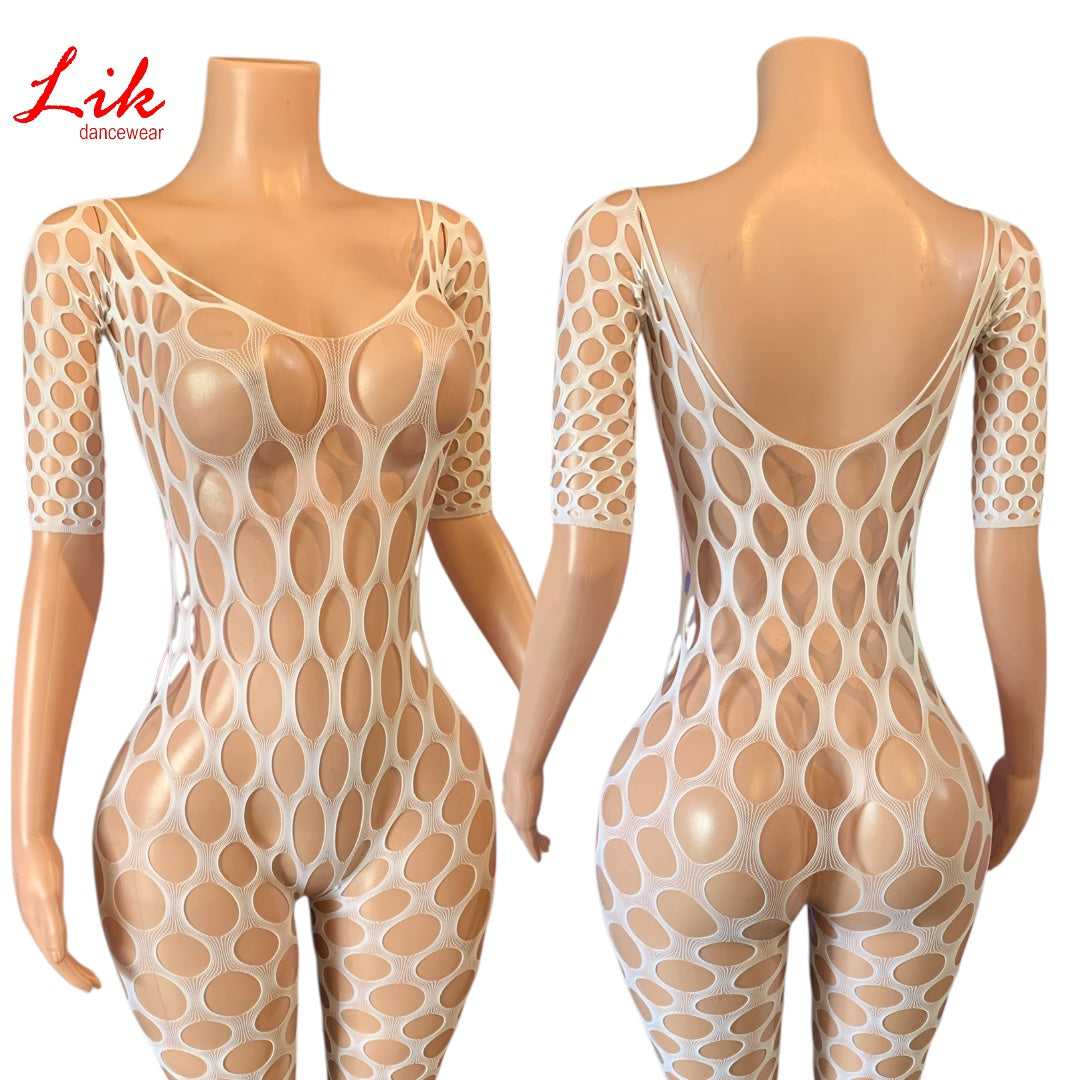 Exotic Dancewear DIAMOND DRIP White Fishnet Crotchless Catsuit