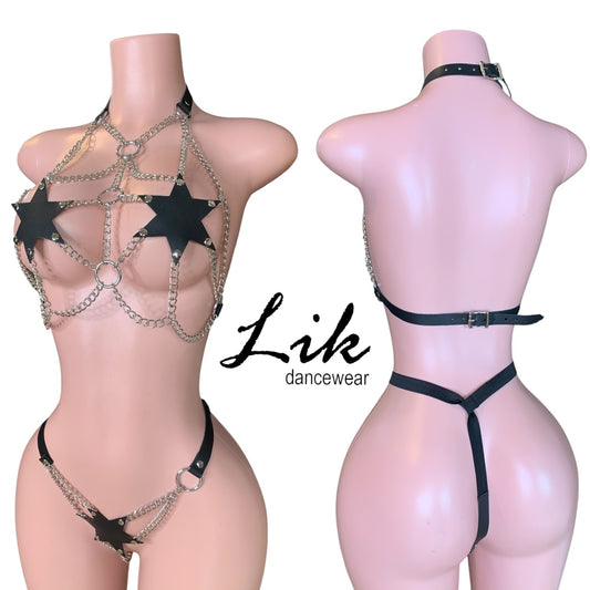 Exotic Dancer BLACK MIDNIGHT ROCKSTAR CHAIN HARNESS Set with Thong