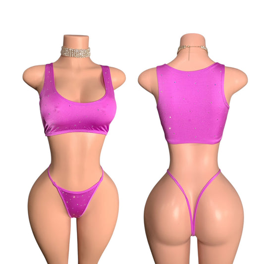 Rhinestone Crop Top Thong Set