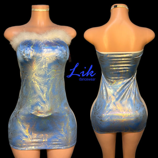 “Ocean” sexy tube dress w/ fur trim