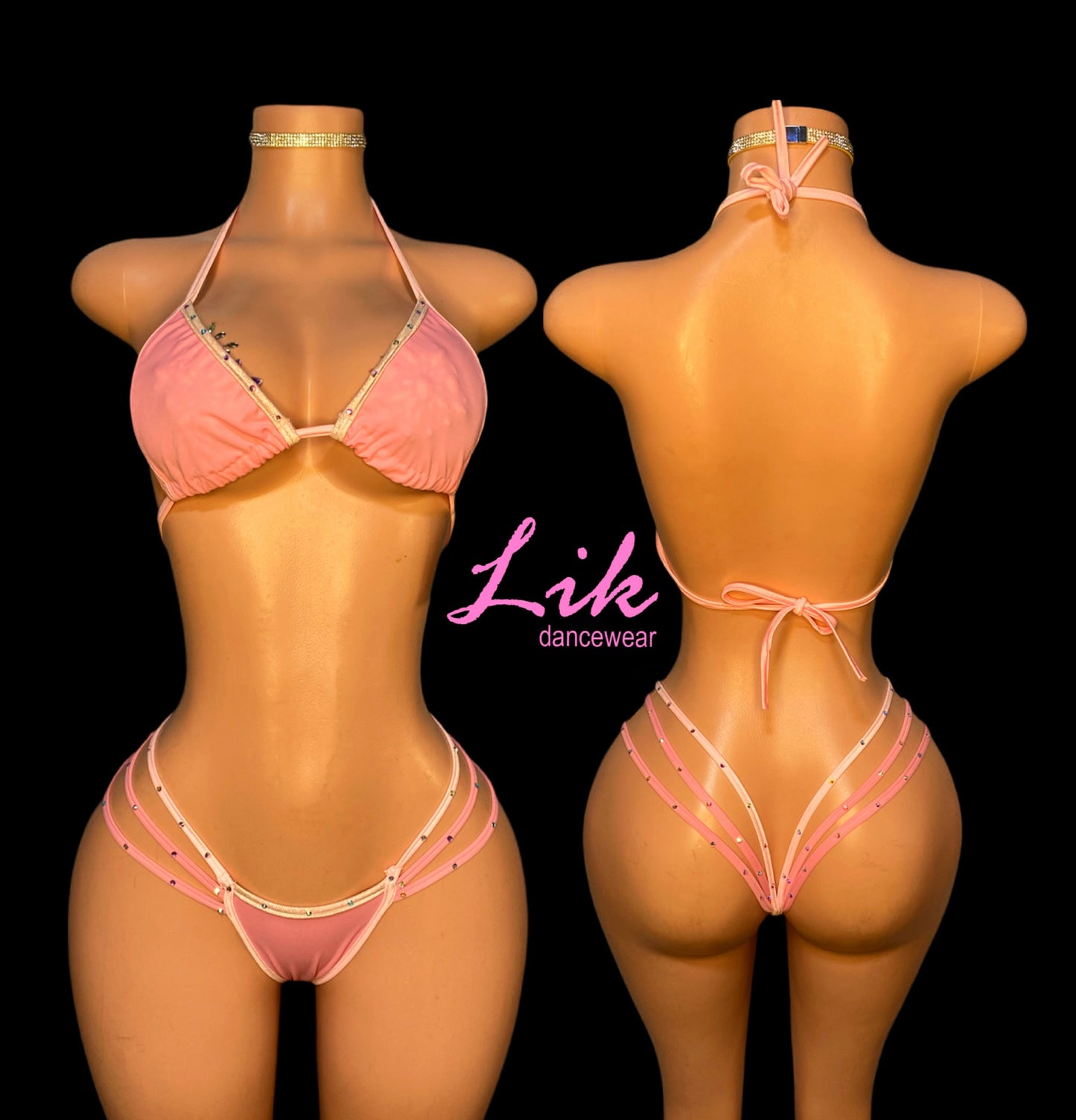 Queen 3 strap thong and bikini set with rhinestone