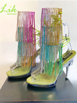 3215-clear rainbow fringe 4.5 inch silver dancer heel