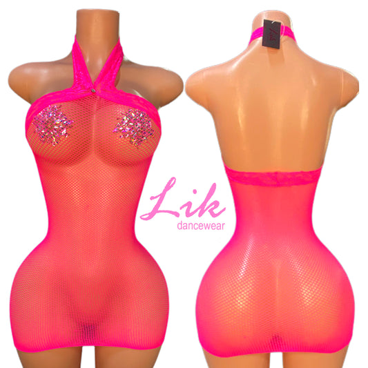 Exotic Dancer ELECTRIC Hot Pink Sheer Halter Mini Dress