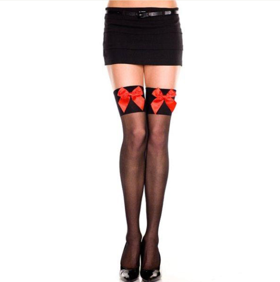 Satin Bow Sheer Thigh High Socks
