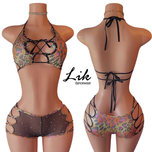 Holographic Ice Lace up cut out two piece short